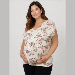 Cream and Pink Floral Print Maternity Top